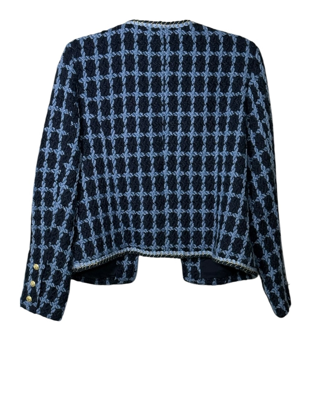 Nanette Lepore Windowpane Blue Tweed Bouclé Jacket Gold Buttons Medium - Picture 3 of 10